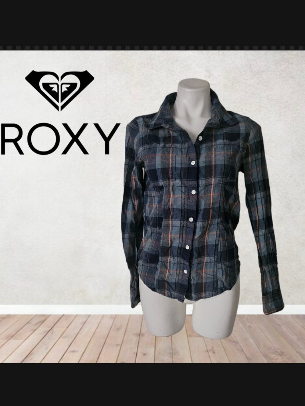 ROXY Long Sleeve Plaid Button Front Shirt-Blue/Peach-100% Cotton-SZ MEDIUM